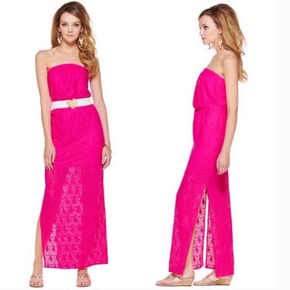Lilly Pulitzer Hot Pink Strapless Lace Maxi Dress